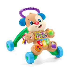 Fisher-Price Ríe e Aprende Andador Cãozinho Primeiros Passos, andador com luzes e sons, brinquedo educativo para bebês a partir de 6 meses, versão em espanhol + português + italiano + inglês (HWD62)
