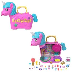 Polly Pocket Estojo com Forma de Pinhata Partilandia de Unicórnios, com 2 Mini bonecas e +25 Acessórios com temática de Festa, Brinquedo +4 anos (HYD96)