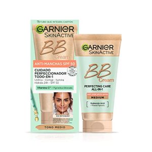 GARNIER BB Cream Anti-Manchas FPS 50 Hidratante Todo em um com cor tom médio. Glicerina vegetal + Vitamina E, Unifica, Protege e Hidrata - 50 ml
