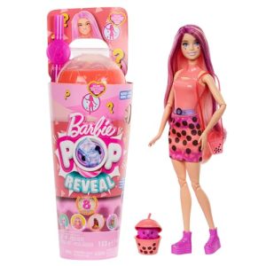 Barbie Pop Reveal Boneca loira com mechas rosas, com copo de Chá de bolhas mochi de mágico, com cubos de gelo que revelam roupas, pets e acessórios surpresa, brinquedo +3 anos (HTJ22)
