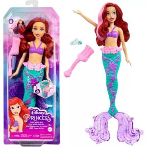 Mattel Disney Princess Ariel muda de cor Boneca sereia princesa, cabelo e cauda mudam de cor, brinquedo +3 anos (HLW00)