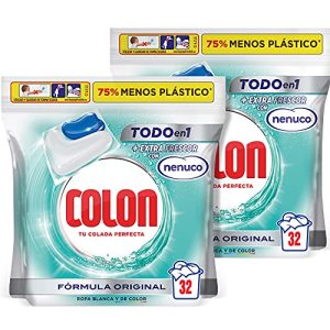Colon Nenuco Detergente para a máquina de lavar, adequado para roupas brancas e coloridas, formato cápsulas, pacote com 2, total de 64 doses.