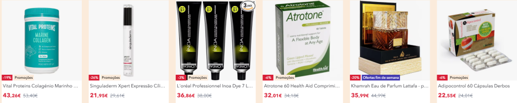 Produtos de maquilhagem e cuidados de pele em promoção.