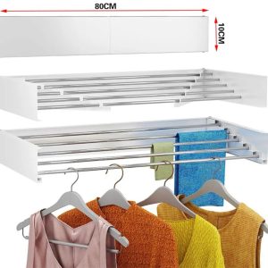 Mikomika Varal Dobrável para Montar na Parede - Retrátil - Varal Dobrável de 80cm para Interiores ou Exteriores - Compacto e que Economiza Espaço, Capacidade para 30 Quilos, Conta com 6 barras de 80cm em alumínio de alta resistência. (T001 1990 D7)