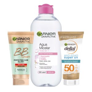 GARNIER | Rotina Cuidados da Idade com Água Micelar Clássica de 400ml + BB Cream Tom médio SPF25 Antienvelhecimento 50ml + Creme protetor Antienvelhecimento Super UV SPF50 com ácido hialurônico.