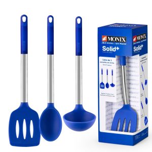 Monix Solid Plus - Conjunto de 3 Utensílios ou Acessórios de Cozinha. Colher, cazo e espátula em aço inoxidável e silicone azul.