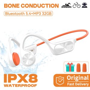 VAORLO Fones de ouvido de condução óssea para natação, fones sem fio com Bluetooth, reprodutor de MP3 impermeável IPX8 com memória de 32G, Hifi, gancho para a orelha, esportivos.