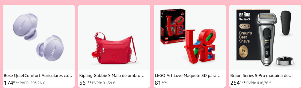 Produtos exclusivos da Loja do Dia dos Namorados da Amazon, incluindo fones de ouvido, bolsa vermelha e conjuntos decorativos.