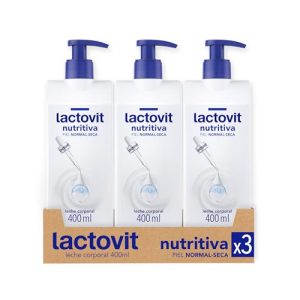 Lactovit Lactoureia Leite Corporal Nutritivo para Peles Normais e Secas, com ProLactic10, Hidrata Intensamente a Pele e Proporciona Suavidade, Absorção Imediata - Pacote de 3 x 400 ml.