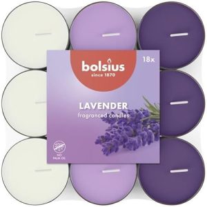 Bolsius - 18 Velas de chá Aromáticas - Lavanda - Duração da queima de 3,5 horas - Diâmetro 38 mm – Extratos Naturais – Contém Cera Vegana – Sem Óleo de Palma