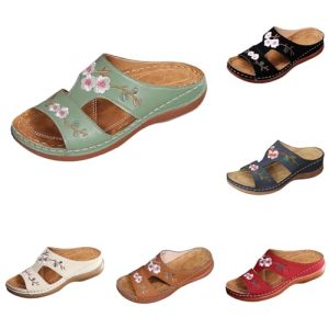 Sandálias bordadas com flores para mulher, sandálias de couro bordadas com flores, vintage, informais, palmilha suave, ortopédicas, com suporte para o arco.