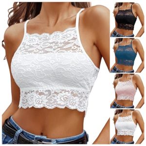 Top Curto de Renda para Mulher Camisetas Interior Sem Mangas de Renda para Mulher Sexy Y2K Camisola Curta Sem Mangas Regatas Casuais Cami
