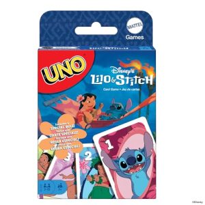 Mattel Games UNO Disney Lilo & Stitch, Jogo de cartas com regra especial Ohana, inspirado nos personagens do filme, Jogo de mesa familiar, brinquedo presente para crianças e meninas a partir de 7 anos, JCC10.