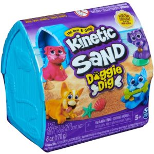 Areia Cinética Casinha para cães – com 170 g de areia mágica de praia, 1 figura de cão e acessórios para diversão criativa em ambientes internos de areia, para crianças a partir de 3 anos.